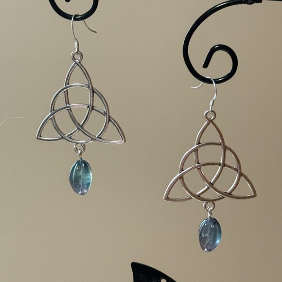 2/$20, Genuine Rainbow Fluorite Celtic Trinity Sterling Silver Dangle Earrings - Picture 6 of 10